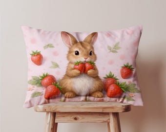 Strawberry Bunny Lumbar Decorative Pillow Cover, Oblong Cushion Case, Cute Animal Nursery Decor