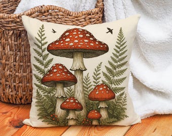 Vintage Pilz Kissenbezug mit Roter Spinne – Botanischer Kissenbezug für Cottagecore, Forestcore oder von der Natur inspirierte Dekorationen