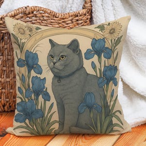 British Shorthair Cat Cushion Cover – Vintage Iris Floral Throw Pillow Case – Art Nouveau Pet Decor – Blue Cottagecore Pillow