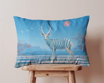 Striped Deer Lumbar Decorative Pillow Cover, Oblong Throw Cushion Case, Surreal Animal Art