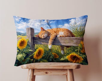 Sleeping Orange Cat Lumbar Pillow Cover, Sunflower Farm Throw Pillow Case, Rectangular Cushion Cover