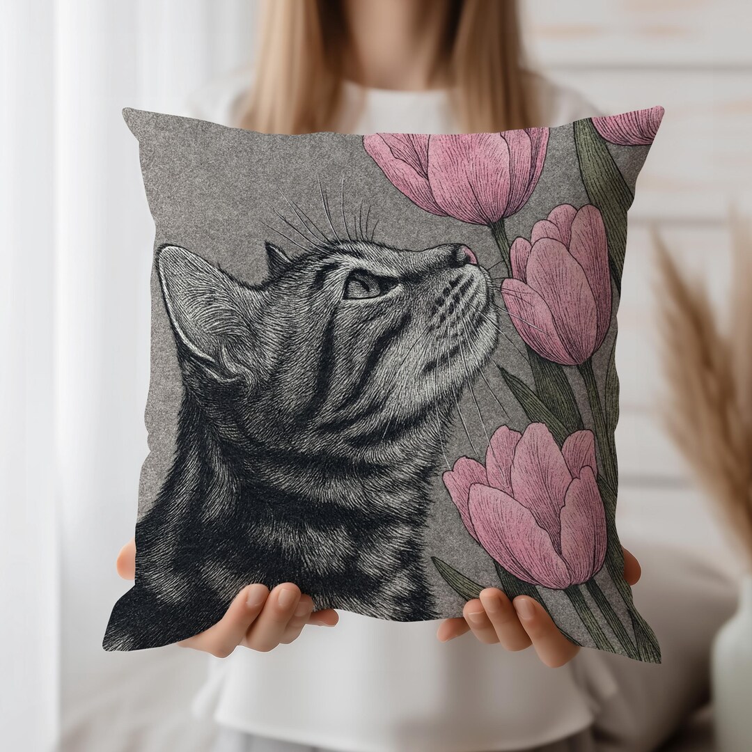 猫とチューリップのクッションカバー。イラスト入りタビー柄。ソファ用