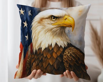 Patriotic Eagle Cushion Cover, American Flag Throw Pillow Case, Bald Eagle Decor Accent, Veteran Gift Room Style, USA Spirit Pillow Art