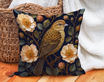 Botanical Bird Cushion Cover Floral Throw Pillow Case Vintage Nature Decor Yellow Finch Peony Art Cottagecore Accent Navy Background