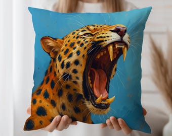 Leopard cushion cover, roaring big cat throw pillow case, jungle animal decor, blue background accent, wild feline art pillow,safari vibe