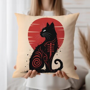 Black Cat Tattoo Art Cushion Cover, Gothic Throw Pillow Case, Red Sun Cat Silhouette Decor, Witchy Cat Sofa Accent, Halloween Home Style