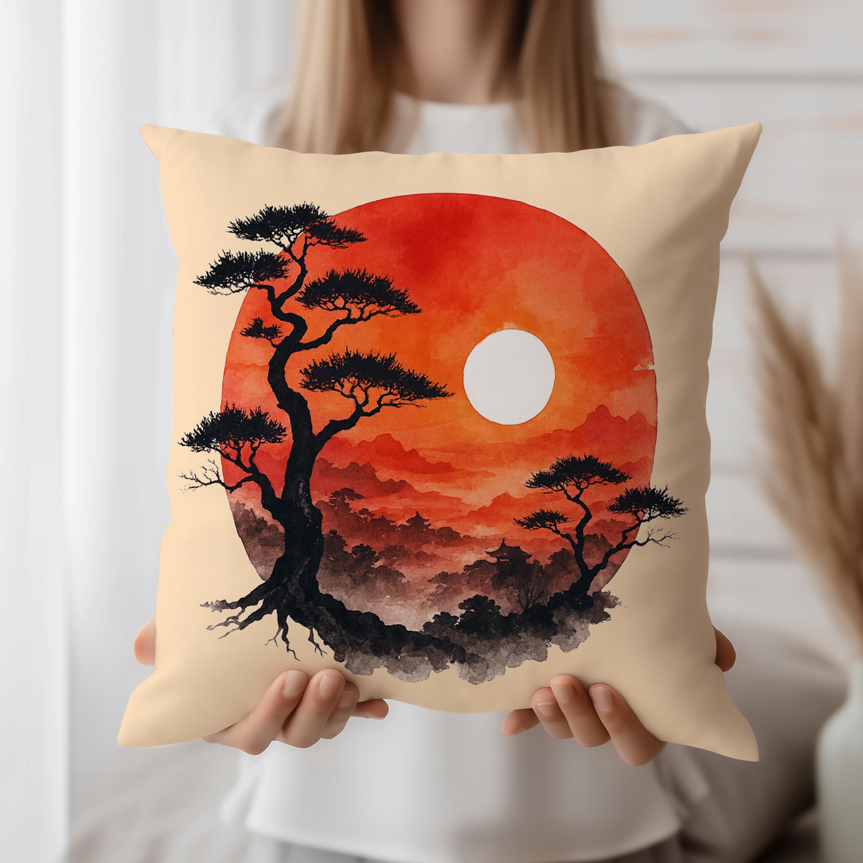 Zen Cushion Cover, Sunset Throw Pillow Case, Japanese Tree Decor