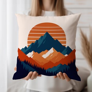 Modern Mountain Throw Pillow Case Rust Orange Navy | Nature Art Cushion Cover | Sunset Abstract Decor for Couch, Cabin or Boho Room