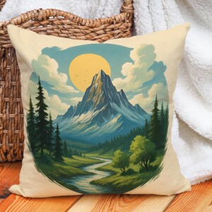 Spring Mountain Cushion Cover – Serene Landscape Throw Pillow Case with River, Pine Trees, and Sun for Calm Nature Decor or Cabin Homes
