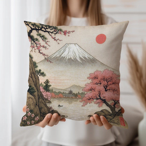 Fuji Mountain Cushion Cover Japanese Throw Pillow Case Cherry