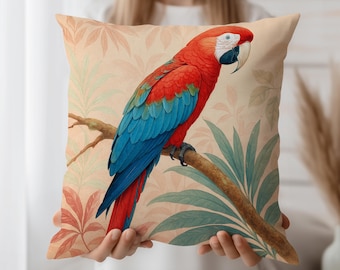 Parrot Cushion Cover – Scarlet Macaw Throw Pillow Case with Tropical Leaf Design, Exotic Jungle Bird Decor for Boho or Botanical Homes