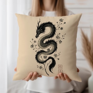 Oriental Dragon Cushion Cover, Beige Throw Pillow Case, Japanese Tattoo Art Decor, Mythical Snake Dragon Accent Pillow