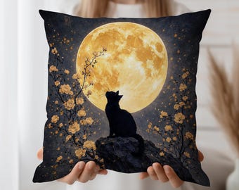 Funda de almohada con diseño de gato negro, funda de cojín con diseño de luna llena, funda de almohada con diseño de cielo nocturno, decoración gótica de gato