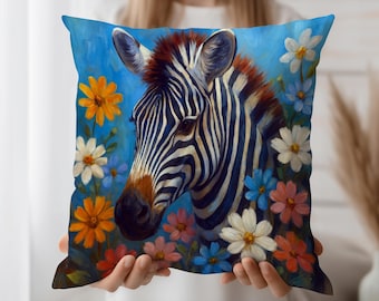 Zebra Cushion Cover with Colorful Flowers Safari Animal Throw Pillow Case in Blue – Whimsical Wildlife Art Pillow for Nature Decor