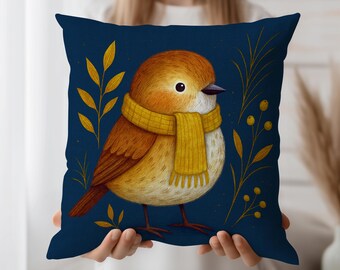 Taie d'oreiller oiseau d'hiver, housse de coussin boisée douillette, décoration oiseau écharpe jaune, joli coussin décoratif pour les fêtes