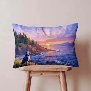 Puffin Coastal Oblong Pillow Cover, Sunset Lumbar Decorative Cushion, Ocean Throw Case