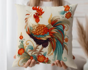 Rooster Cushion Cover – Vintage Folk Art Throw Pillow Case with Farmhouse Decor Flair, Country Kitchen Accent or Rustic Sofa Style