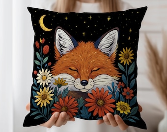 Sleepy Fox Cushion Cover – Whimsical Night Sky Throw Pillow Case with Floral and Moon Design, Cute Woodland Decor for Cozy Interiors