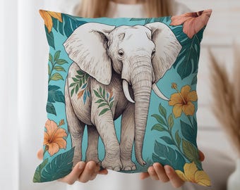 Elephant Jungle Throw Pillow Cover with Tropical Flowers