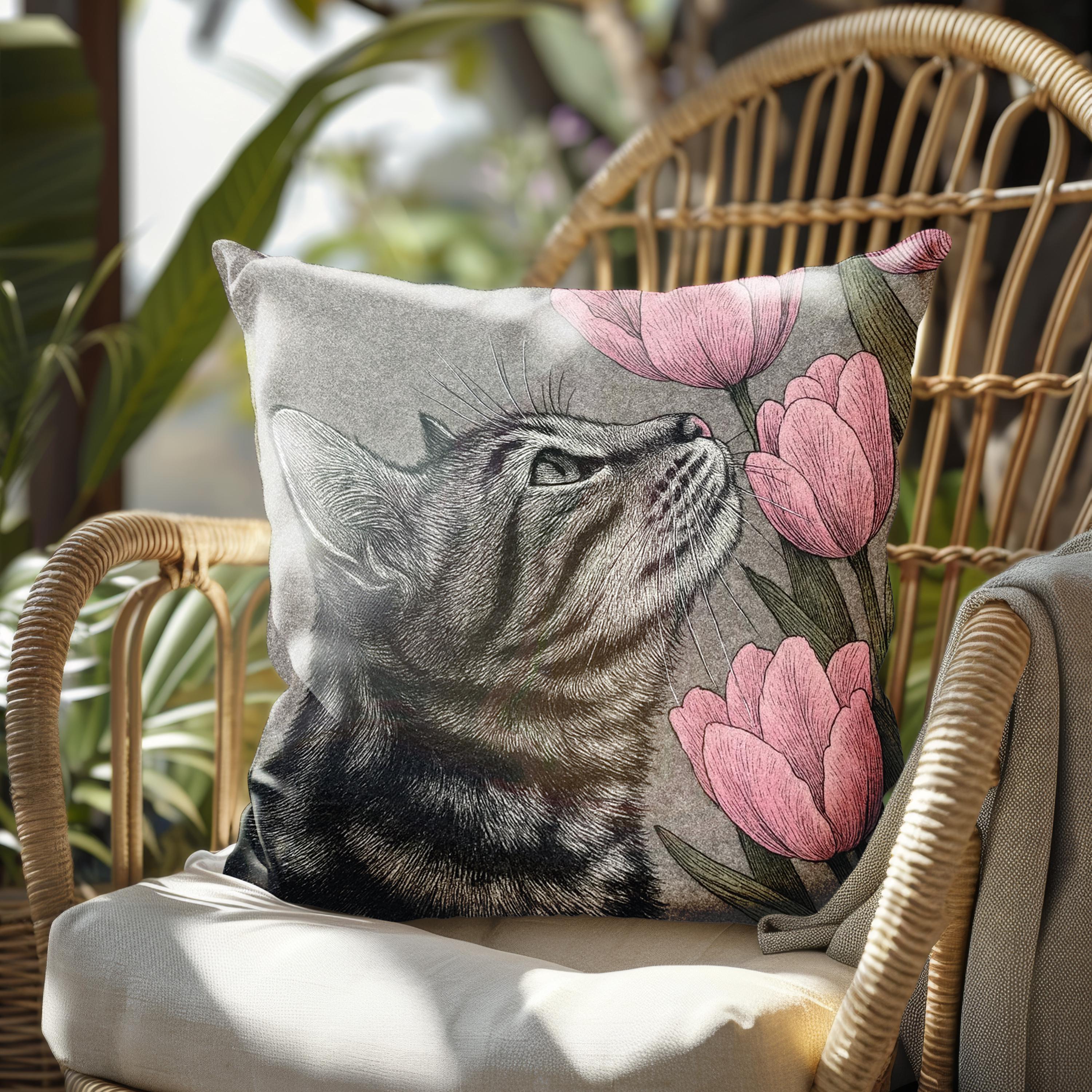 猫とチューリップのクッションカバー。イラスト入りタビー柄。ソファ用