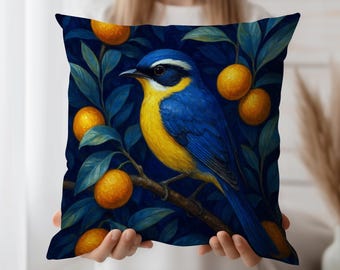 Blue Bird Cushion Cover, Tropical Throw Pillow Case, Citrus Branch Home Decor, Bright Cottagecore Accent, Colorful Nature Pillow