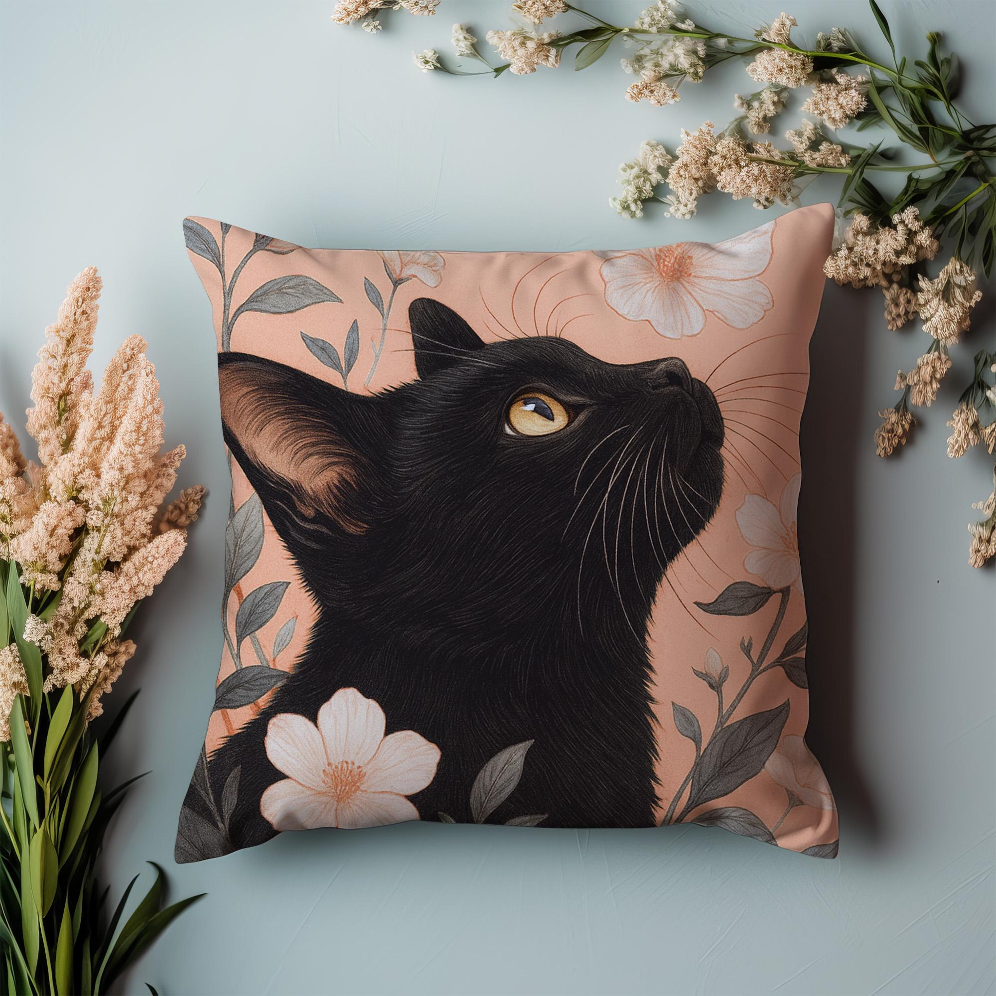 猫と花のクッションカバー 黒猫のクッションカバー 花柄のクッションカバー ソフトピンクの装飾