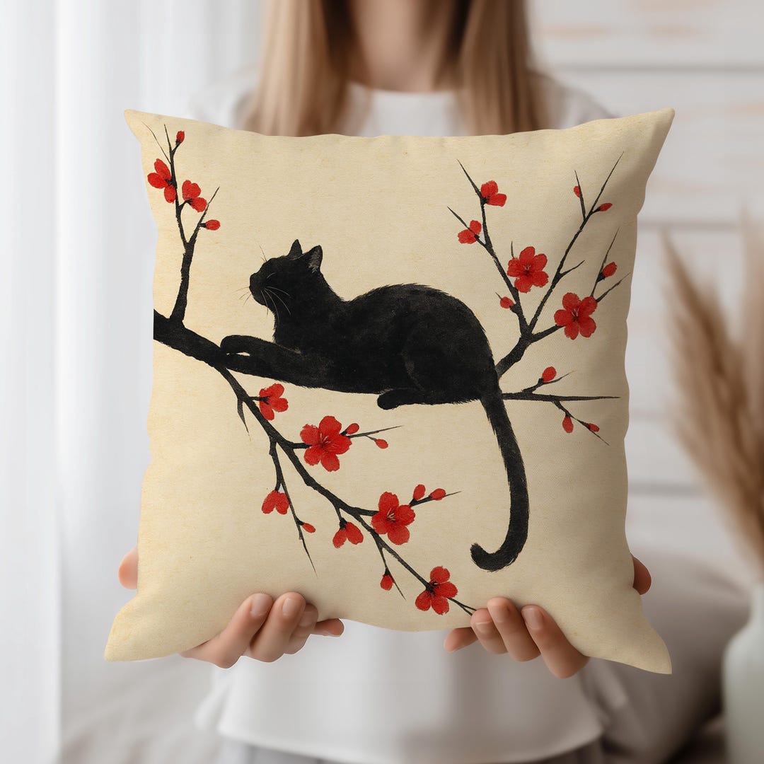 Black Cat Cushion Cover, Cherry Blossom Throw Pillow Case, Zen