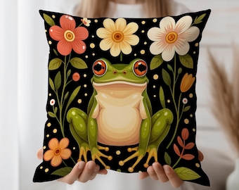 Funda de cojín de rana: una caprichosa funda de cojín floral con un atrevido arte cottagecore, una divertida decoración natural para amantes de las ranas y rincones acogedores.