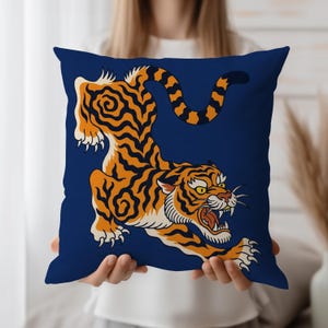 Tiger Cushion Cover, Japanese Tattoo Throw Pillow Case, Blue Background Animal Decor, Fierce Tiger Art Cushion Cover
