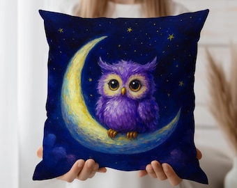 Lila Eule Kissenbezug, Mond Dekokissen Fall, Sternenklare Nacht Dekor, wunderliche Haus Akzent, himmlische Tier Kunst Kissenbezug