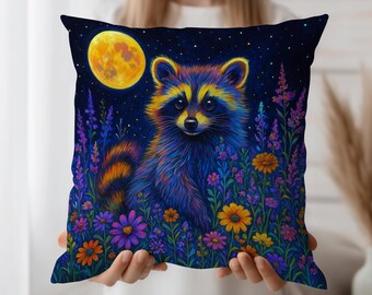 Psychedelischer Waschbär Kissenbezug, Bunter Mondschein Dekokissenbezug mit Blumen und Nachthimmel Kunst