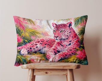Rosa leopardmönster med dekorativt örngott i ländryggen, tropisk djungel, rektangulärt kuddfodral