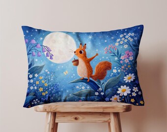 Moonlit Squirrel Lumbar Decorative Pillow Cover, Oblong Cushion Case, Whimsical Animal Art