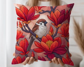 Sparrow Cushion Cover – Bold Magnolia Floral Throw Pillow Case for Nature Decor, Cottagecore Bedroom, Autumn Accent or Gift