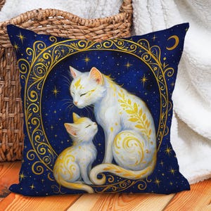 Celestial Cat Cushion Cover – White Mother Kitten Throw Pillow Case, Gold Moon Star Art, Mystical Feline Decor for Couch or Bed