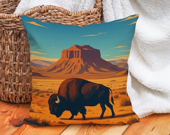 Buffalo Throw Pillow Case Desert Mesa Cushion Cover, Western Lodge Decor with Bison Silhouette, Rustic Landscape Sofa Accent
