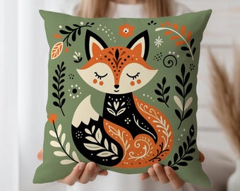 Funda de cojín con diseño de zorro, funda de almohada decorativa con arte popular del bosque, decoración boho con animales del bosque, cojín de zorro caprichoso, funda rústica con acento natural