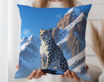 Snow Leopard Cushion Cover – Mountain Wildlife Throw Pillow Case, Alpine Animal Decor for Cabin Style, Nature Sofa Accent