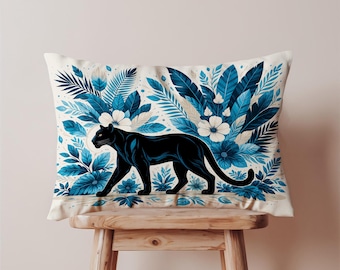 Panther Pillow Cover, Oblong Cushion Cover, Jungle Animal Throw Pillow Case, Blue Tropical Decor