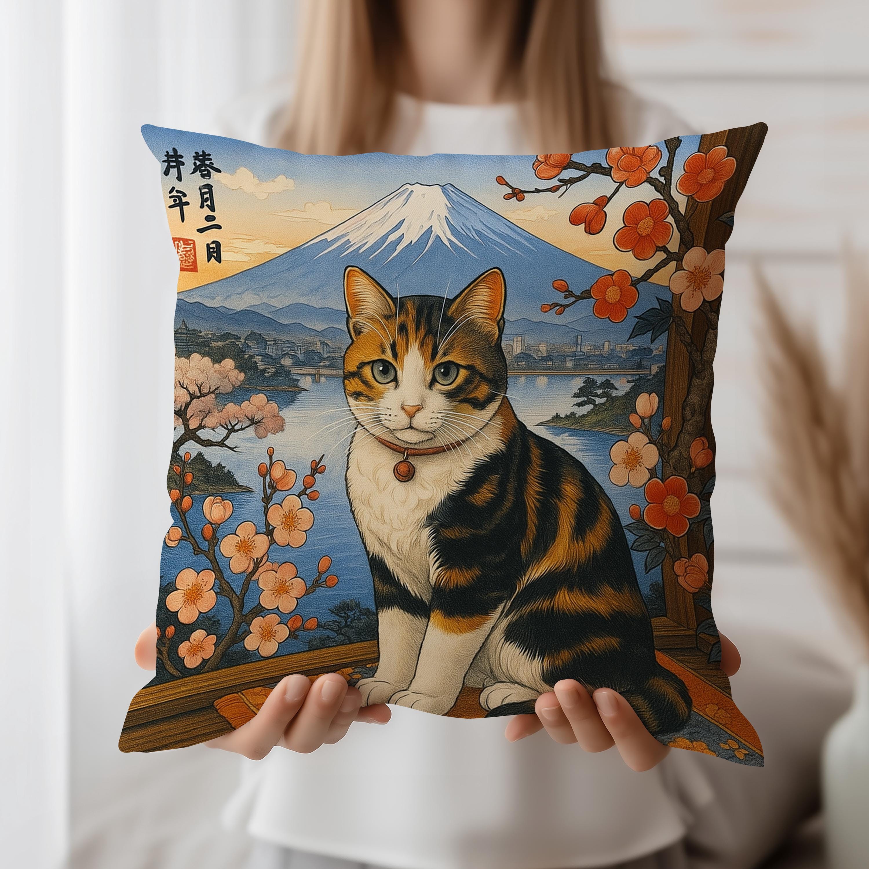 Japanese Cat Cushion Cover, Ukiyo-e Throw Pillow Case, Cherry