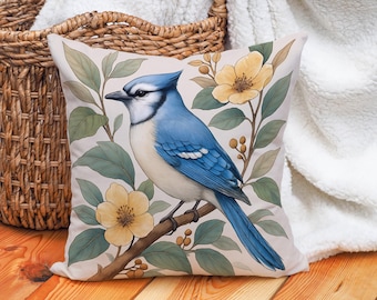Housse de coussin geai bleu - taie de coussin oiseau botanique, décoration florale vintage nature, art oiseau bleu pour canapé, canapé ou coin lecture