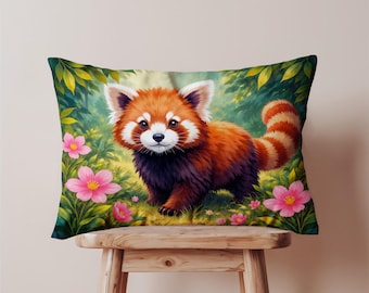 Red Panda Lumbar Decorative Pillow Cover, Oblong Cushion Case, Cute Animal Forest Art