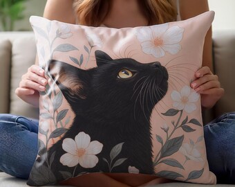 黒猫のクッションカバー 花柄のクッションカバー ソフトピンクの装飾