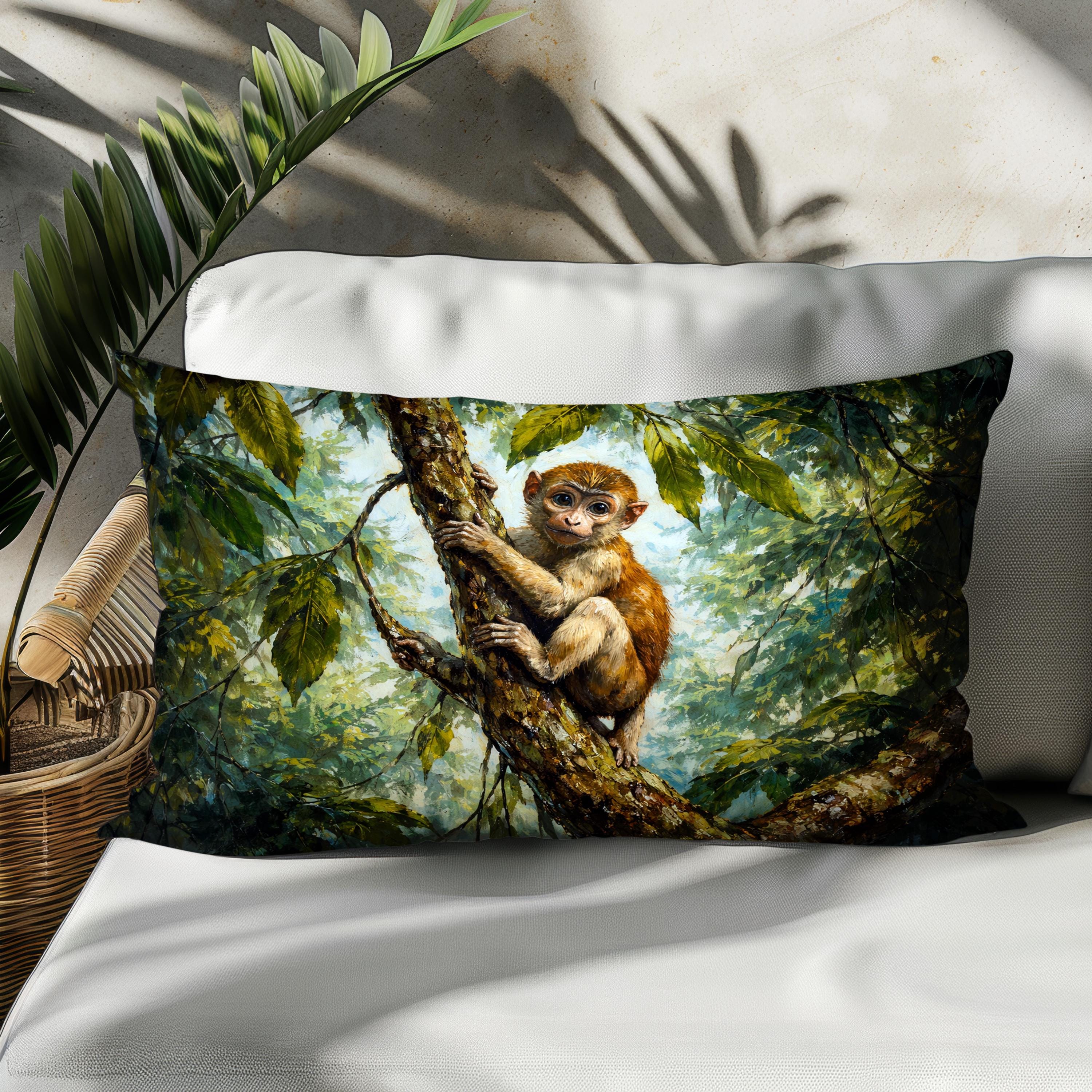 Jungle Monkey Oblong Pillow Cover, Forest Animal Cushion Cover