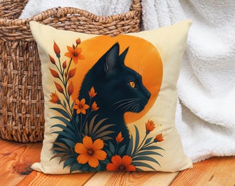 Schwarze Katze Kissenbezug Floral Dekokissen Fall Witchy Home Decor Orange Blumen Kunst Gemütlicher Herbst Akzent Feline Ästhetik Raum Stil