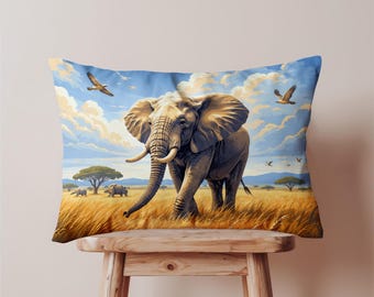Safari Elephant Rectangular Pillow Cover, African Throw Pillow Case, Wildlife Cushion Cover