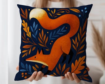 Fox Cushion Cover, Folk Art Throw Pillow Case, Autumn Forest Decor, Cozy Woodland Accent, Nordic Fall Style