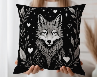 Wolf cushion cover, black and white throw pillow case, mystical animal decor, forest boho accent, magical woodland gothic home pillow