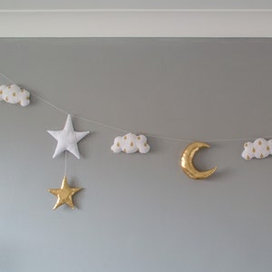 Cloud bunting Gold moon garland Stars garland Kids night sky garland  Decoration kids room Baby decor Gold star garland Clouds drops banner