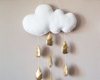 Golden Drops Baby Mobile Pearl White Cloud Felt Handmade Mobile Gold Wall Hanging Kids Cot Decor Cute Baby Gift Raindrop Mobile Decoration